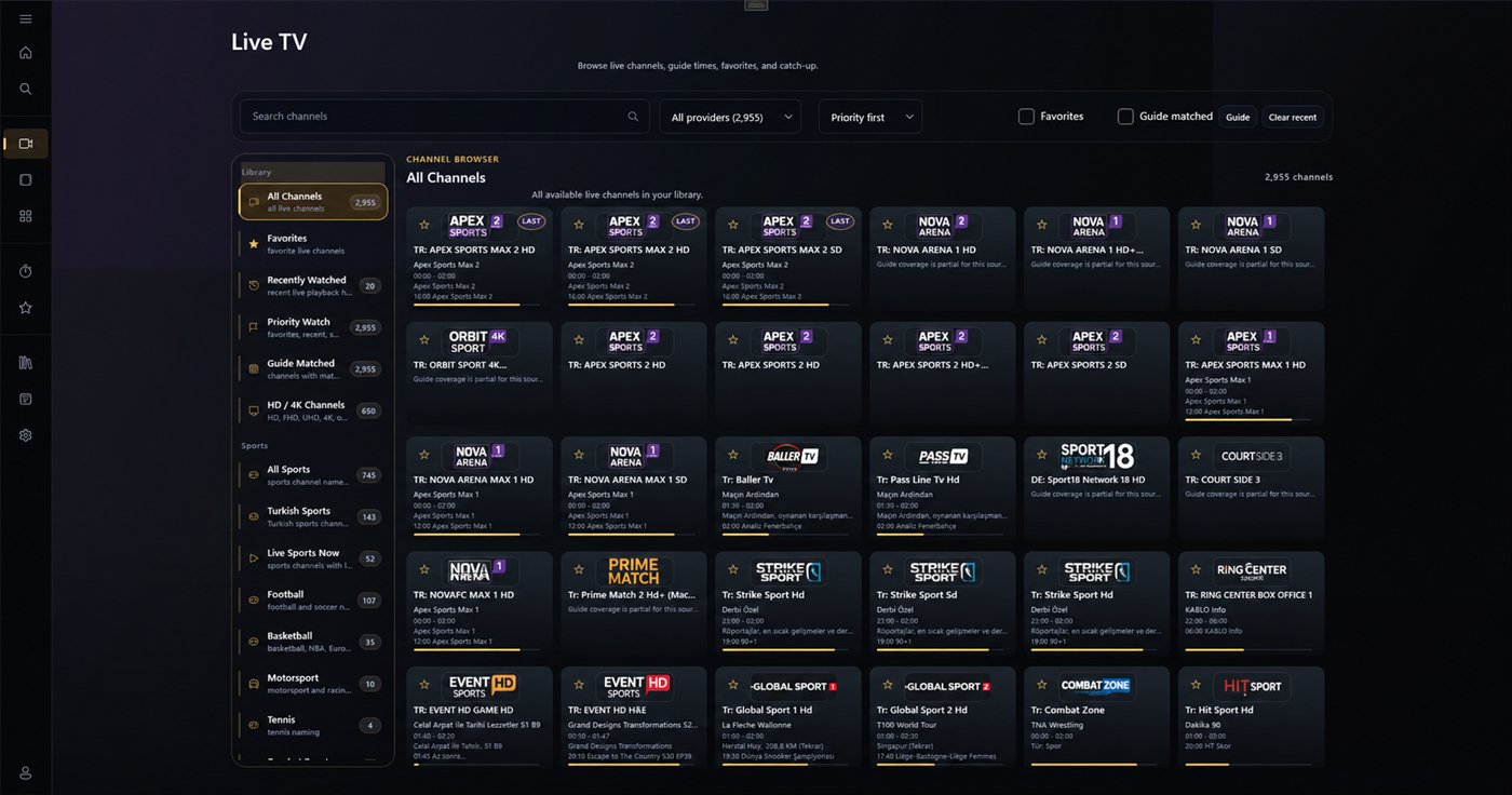 KROIRA Live TV browser with search, filters, favorites, and guide matching controls