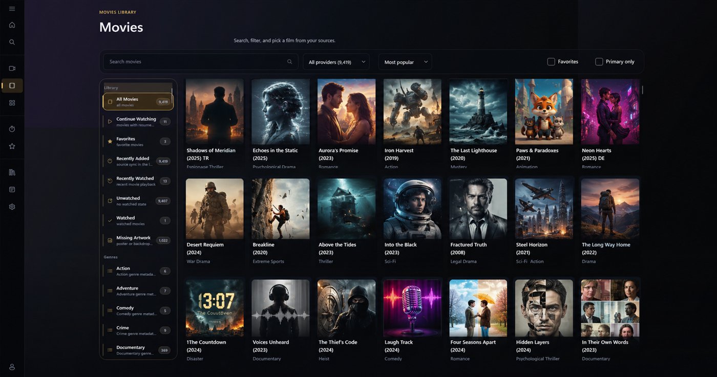 KROIRA movies library interface for media from a user-provided source