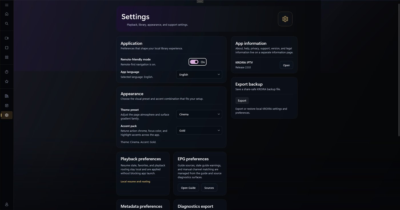 KROIRA settings screen for local app preferences